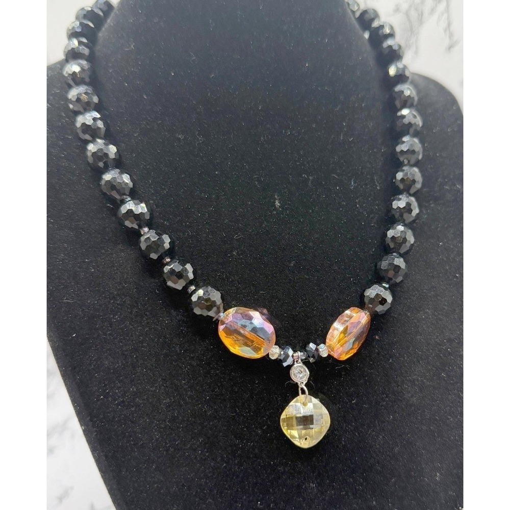 Black Glass Bead Statement Necklace 16" Faceted Drop‎